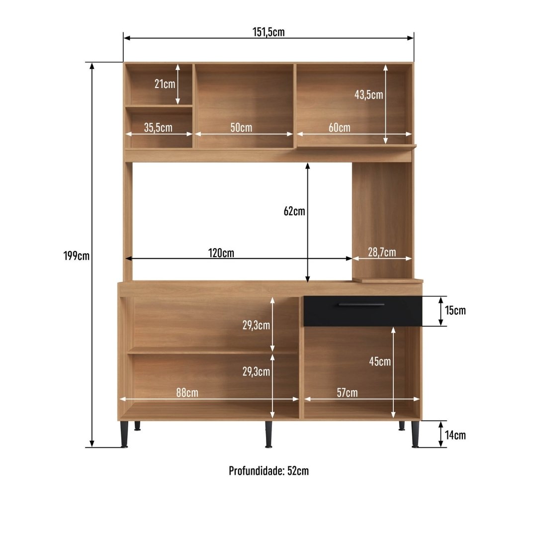 Cozinha Compacta Beauty 151,5cm 4 Portas 1 Gaveta Mdp Rovere / Grafite  S/tampo C/ Nicho P/ Micro-ondas 193