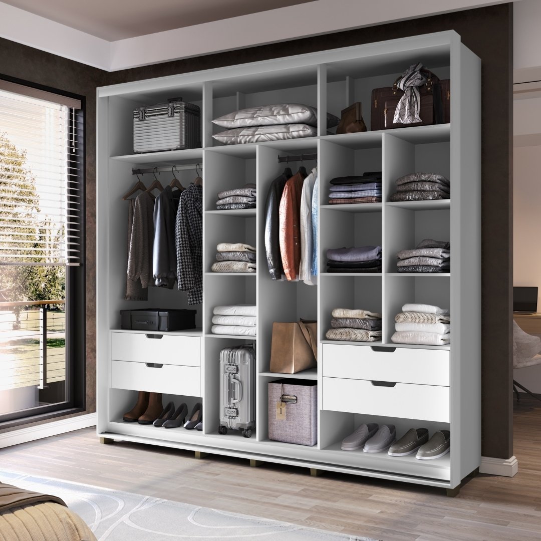 Roupeiro Tesla 240cm 2 Portas 4 Gavetas Mdf Branco / Branco Grafiatto C/ Espelho 501