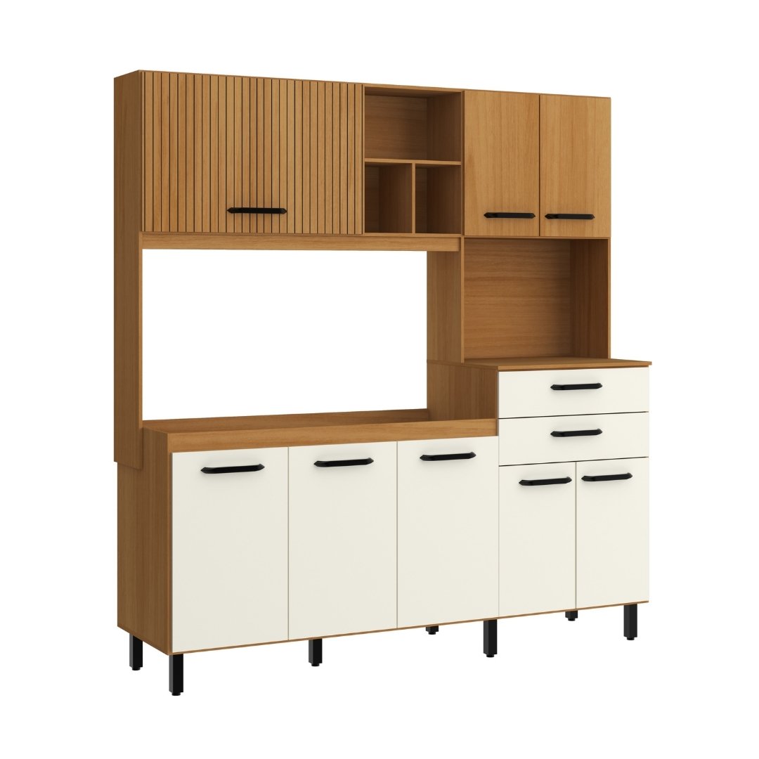 Cozinha Compacta Tainá 185,2cm 8 Portas 2 Gavetas Mdp Nature / Champanhe S/tampo C/ Nicho P/ Micro-ondas 597