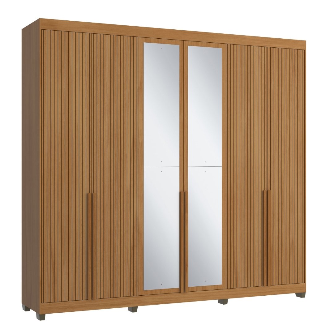 Roupeiro Newton 250cm 6 Portas 4 Gavetas Mdf Nature / Nature Grafiatto C/ Espelho 517