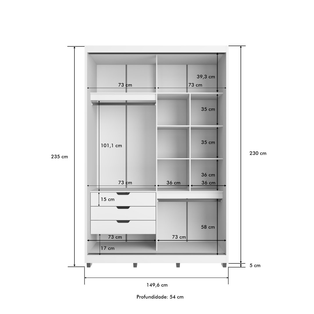 Roupeiro Thales 150cm 2 Portas 3 Gavetas Mdf Branco / Branco Grafiatto C/ Espelho 521