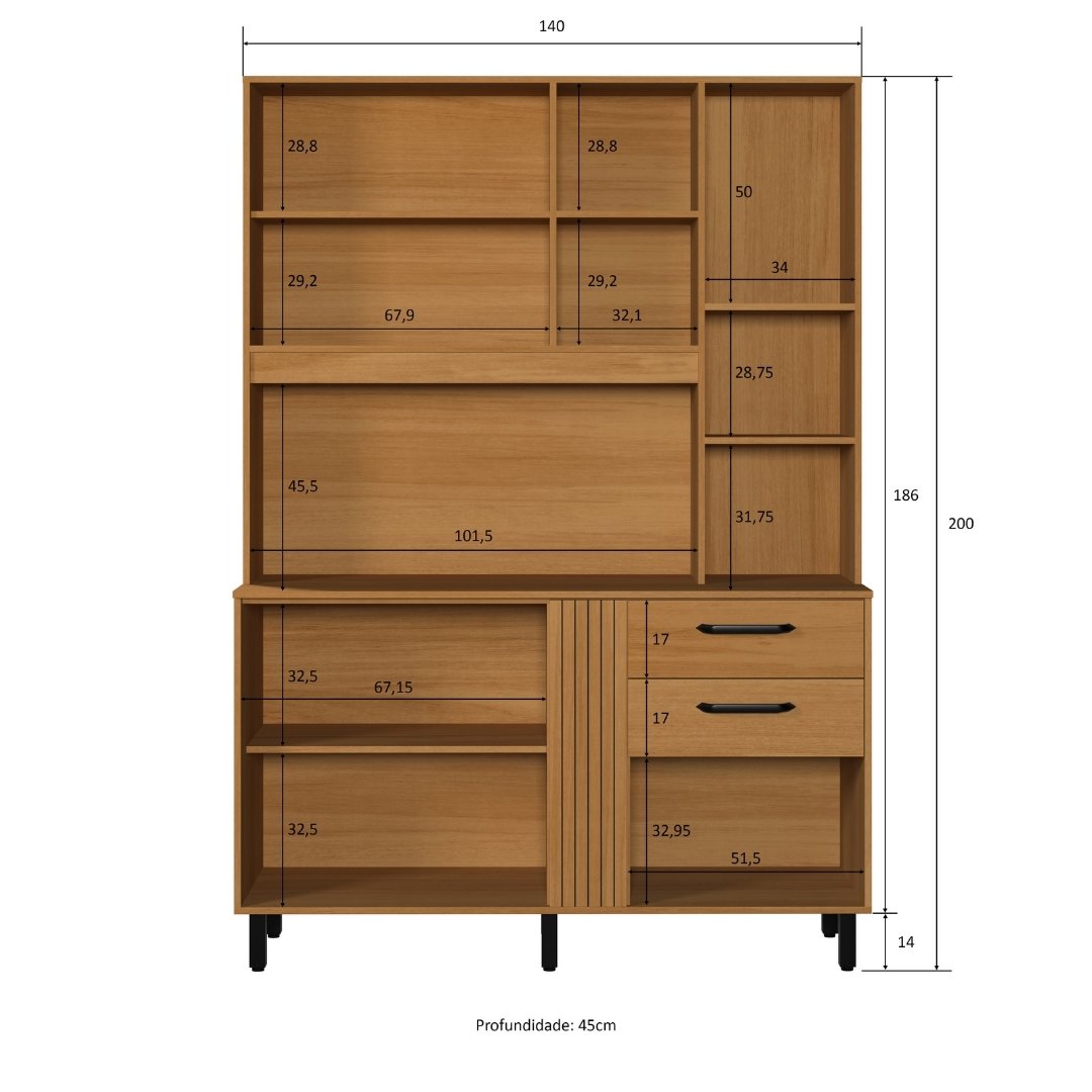 Kit de Cozinha Luna 140cm 6 Portas 2 Gavetas Mdp Nature / Grafite C/ Tampo 596