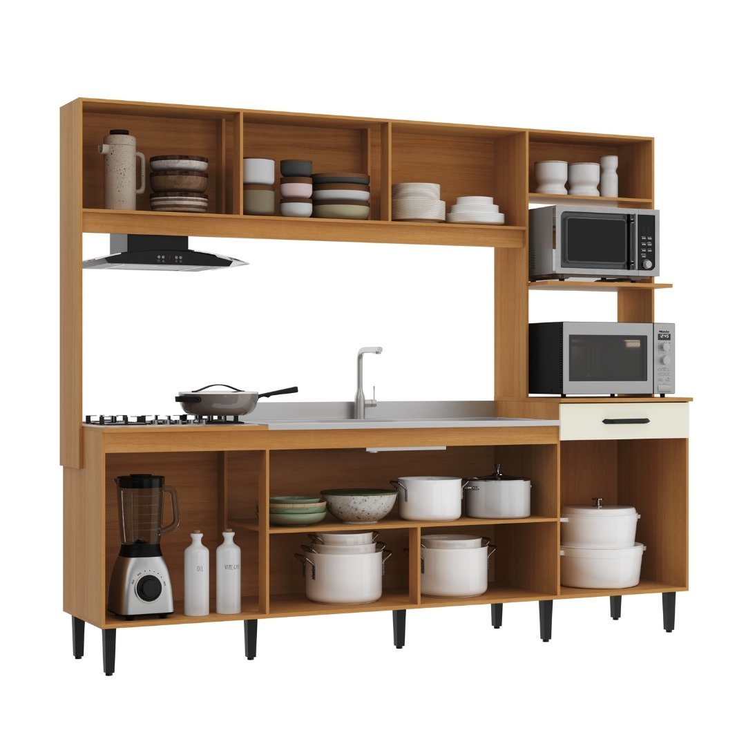 Cozinha Compacta Hortênsia 241,2cm 8 Portas 1 Gaveta Mdp Nature / Champanhe S/tampo C/ Nicho P/ Micro-ondas e Forno Elétrico 598