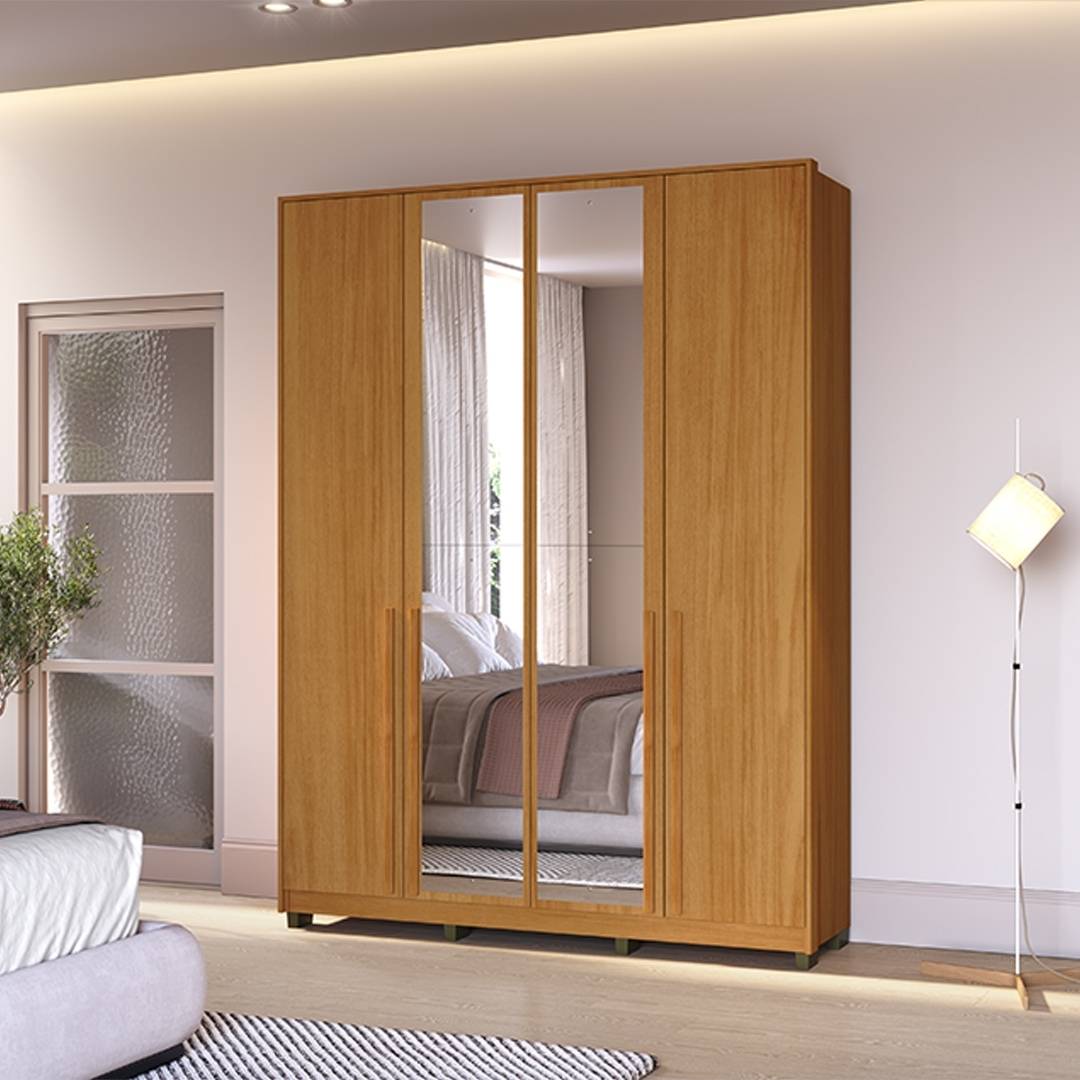 Roupeiro Órion 168cm 4 Portas 2 Gavetas Mdf Nature / Nature C/ Espelho 522