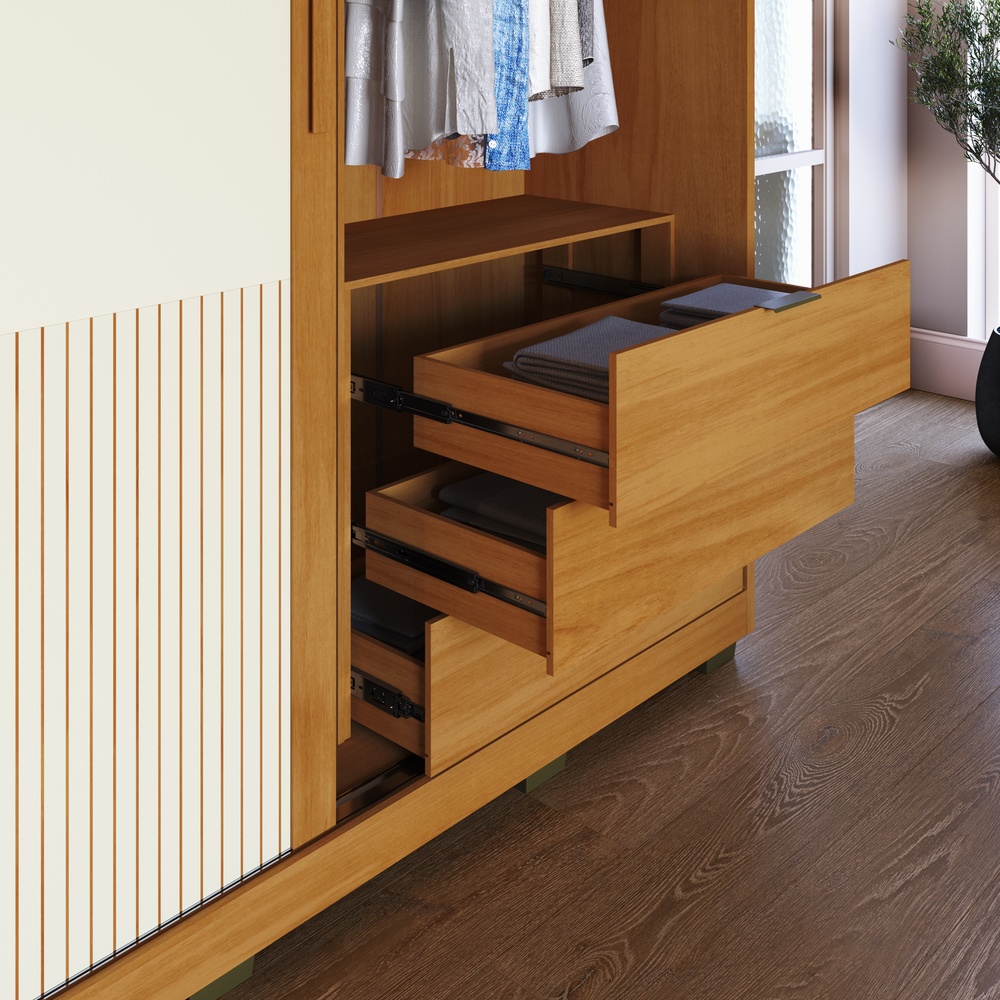 Roupeiro Sírus 170cm 2 Portas 3 Gavetas Mdf Nature / Nature / Champanhe  C/ Grafiatto C/ Espelho 527