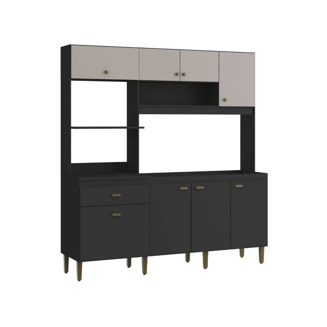 Cozinha Compacta Celine 186,5cm 8 Portas 1 Gaveta Mdp Grafite / Cinza S/tampo C/ Nicho P/ Micro-ondas e Forno Elétrico 399