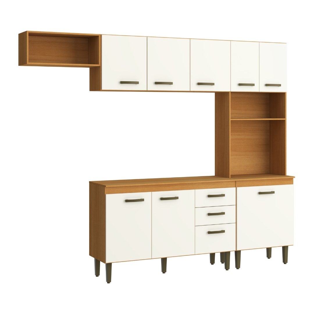 Kit de Cozinha Holly 240cm 9 Portas 2 Gavetas Mdp Nature / Champanhe C/ Tampo Espaço P/ Micro-ondas 615