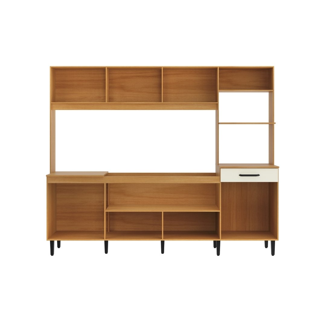 Cozinha Compacta Hortênsia 241,2cm 8 Portas 1 Gaveta Mdp Nature / Champanhe S/tampo C/ Nicho P/ Micro-ondas e Forno Elétrico 598