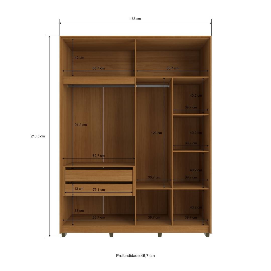 Roupeiro Órion 168cm 4 Portas 2 Gavetas Mdf Nature / Nature C/ Espelho 522