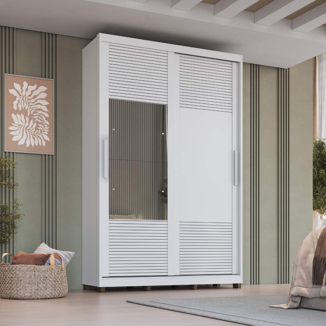 Roupeiro Thales 150cm 2 Portas 3 Gavetas Mdf Branco / Branco Grafiatto C/ Espelho 521
