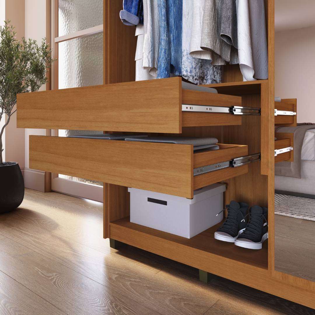 Roupeiro Órion 168cm 4 Portas 2 Gavetas Mdf Nature / Nature C/ Espelho 522