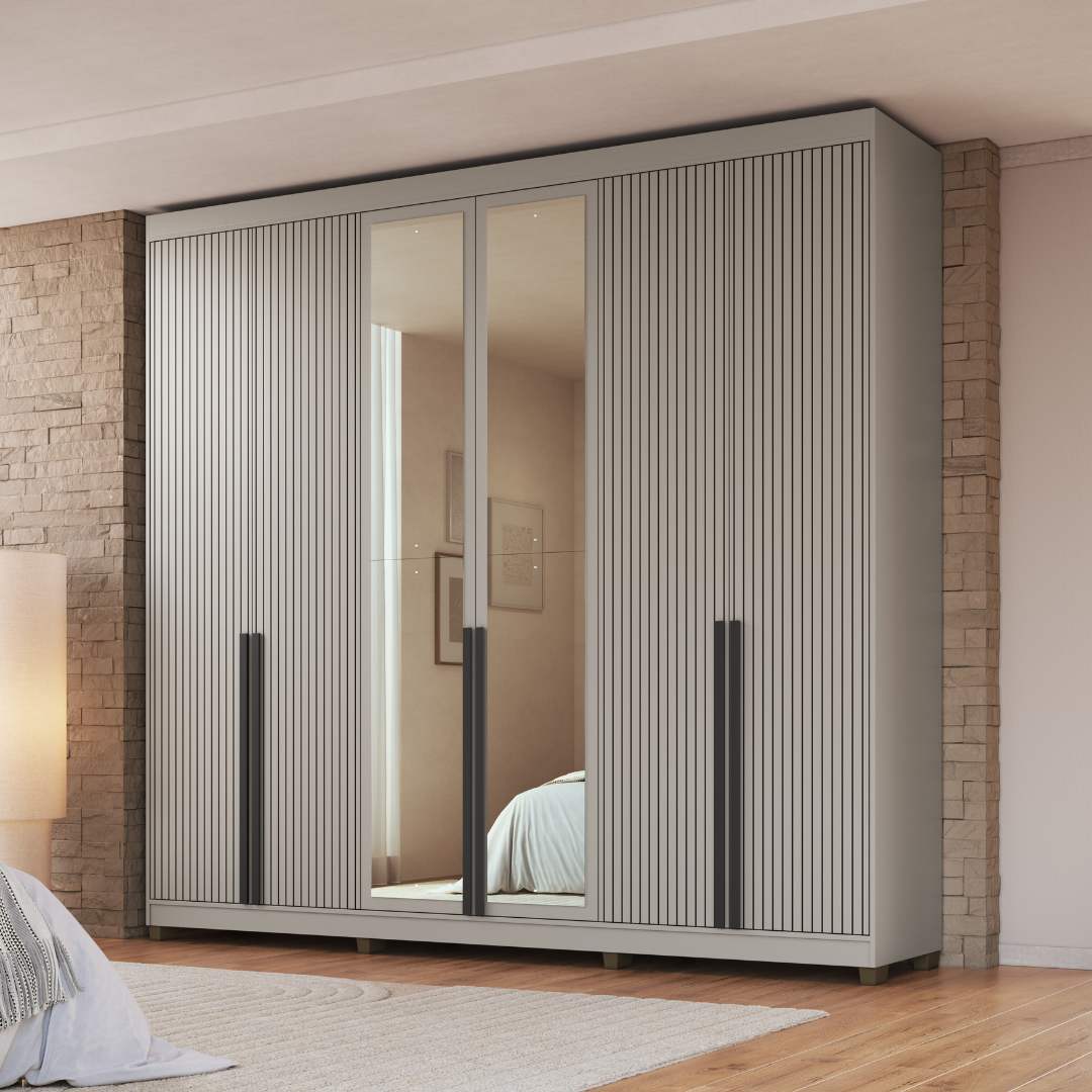 Roupeiro Newton 250cm 6 Portas 4 Gavetas Mdf Cinza / Cinza Puxador Cinza Grafiatto C/ Espelho 517