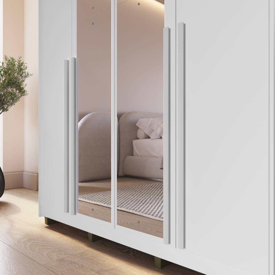 Roupeiro Órion 168cm 4 Portas 2 Gavetas Mdf Branco / Branco  C/ Espelho 522