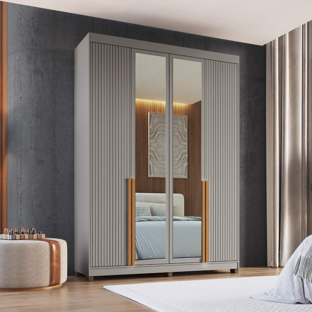 Roupeiro Newton 168cm 4 Portas 2 Gavetas Mdf Cinza / Cinza C/ Espelho 524
