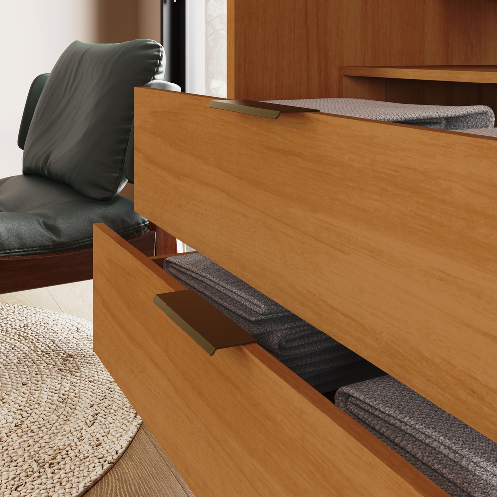 Roupeiro Lúmen 220cm 2 Portas 4 Gavetas Mdf Nature / Nature / Champanhe  C/ Grafiatto C/ Espelho 526