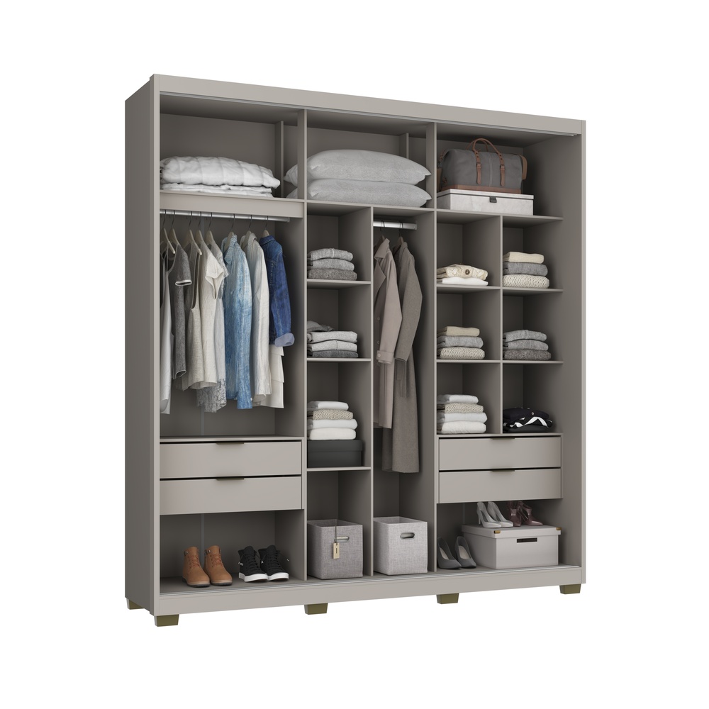 Roupeiro Lúmen 220cm 2 Portas 4 Gavetas Mdf Cinza / Cinza C/ Grafiatto  C/ Espelho 526