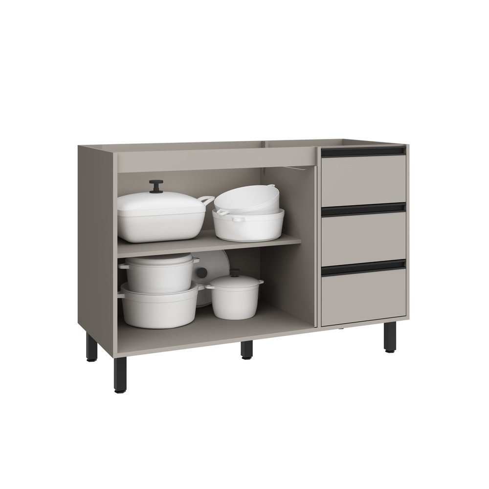 Balcão P/ Pia 120cm 2 Portas 3 Gavetas Mdp Cinza / Cinza Linha Charlotte 4507