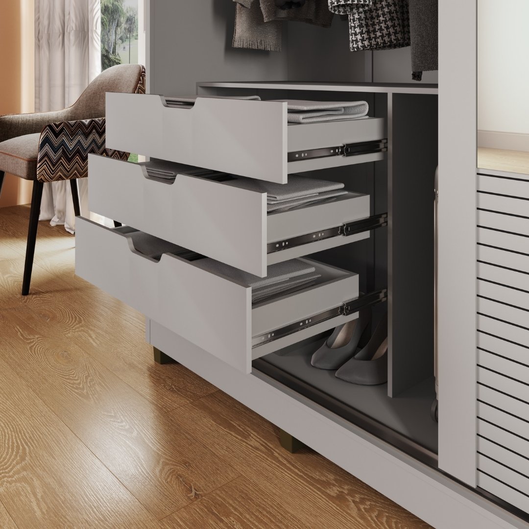 Roupeiro Malthus 237cm 2 Portas 3 Gavetas Mdf Cinza / Cinza Grafiatto C/ Espelho 520