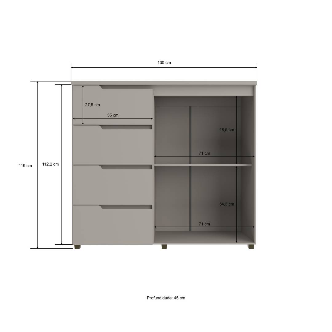 Cômoda Línea  130cm 2 Portas 4 Gavetas Mdf Cinza / Cinza 523