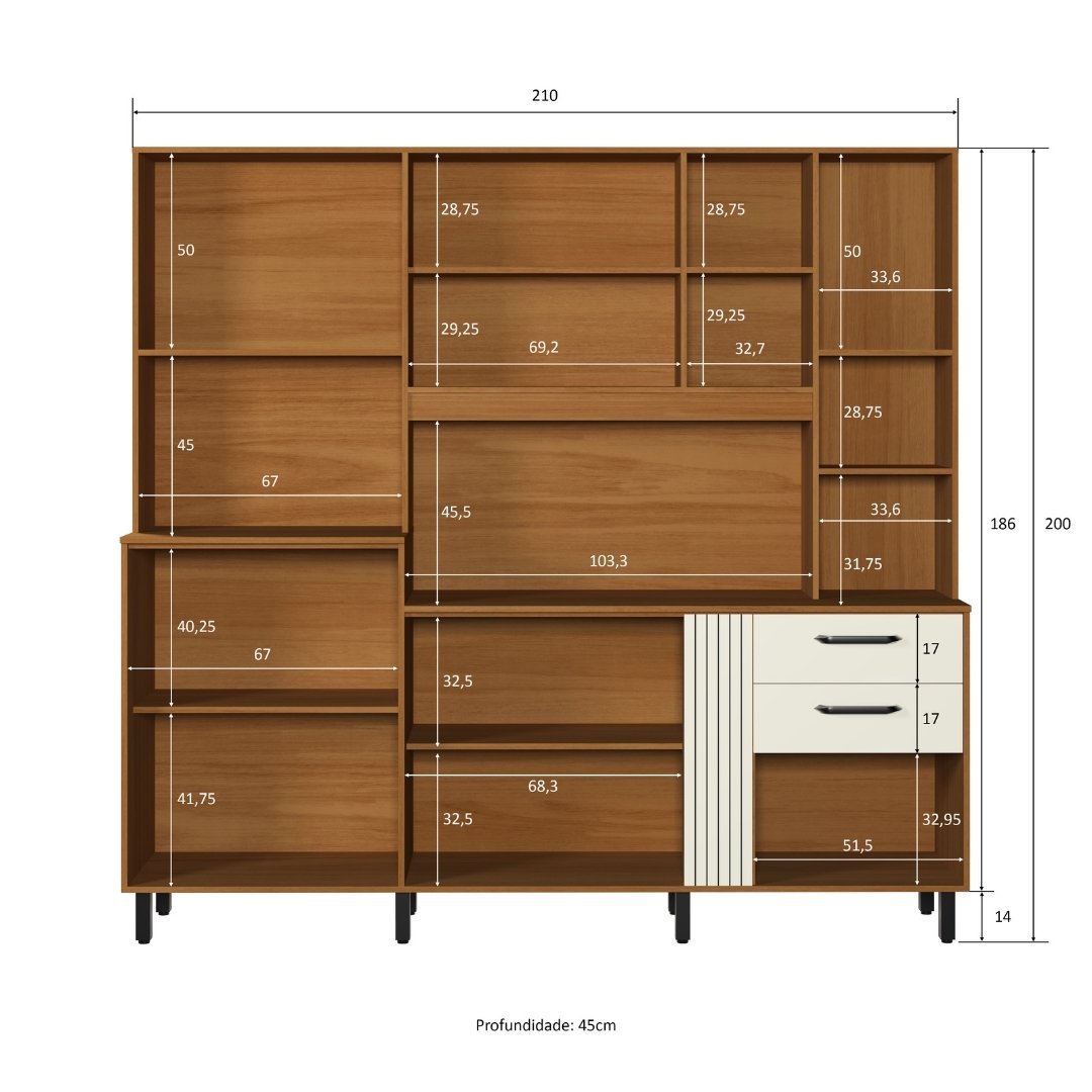 Kit de Cozinha Sole 210cm 10 Portas 2 Gavetas Mdp Nature / Champanhe C/ Tampo Espaço P/ Micro-ondas 594