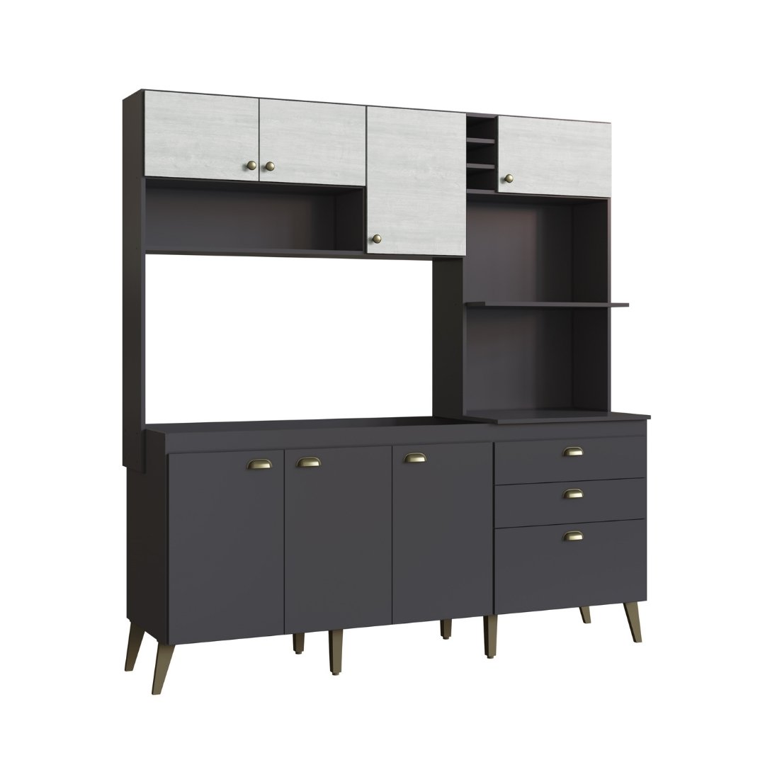 Cozinha Compacta Donna 186,5cm 8 Portas 2 Gavetas Mdp Grafite / Snow C/ Nicho P/ Micro-ondas e Forno El&eacute;trico e Adega 299