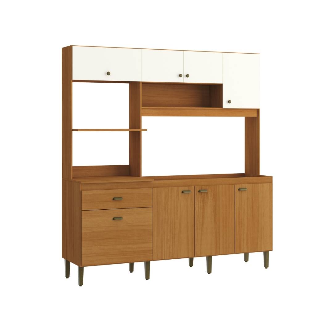 Cozinha Compacta Celine 186,5cm 8 Portas 1 Gaveta Mdp Nature / Champanhe S/tampo C/ Nicho P/ Micro-ondas e Forno Elétrico 399