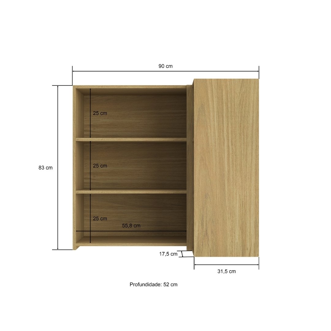 Armário Aéreo Alto Canto Reto 2 Portas Grafiatto  Mdf Louro Freijó / Louro Freijó C/ Nicho Externo Linha Sardenha 4117