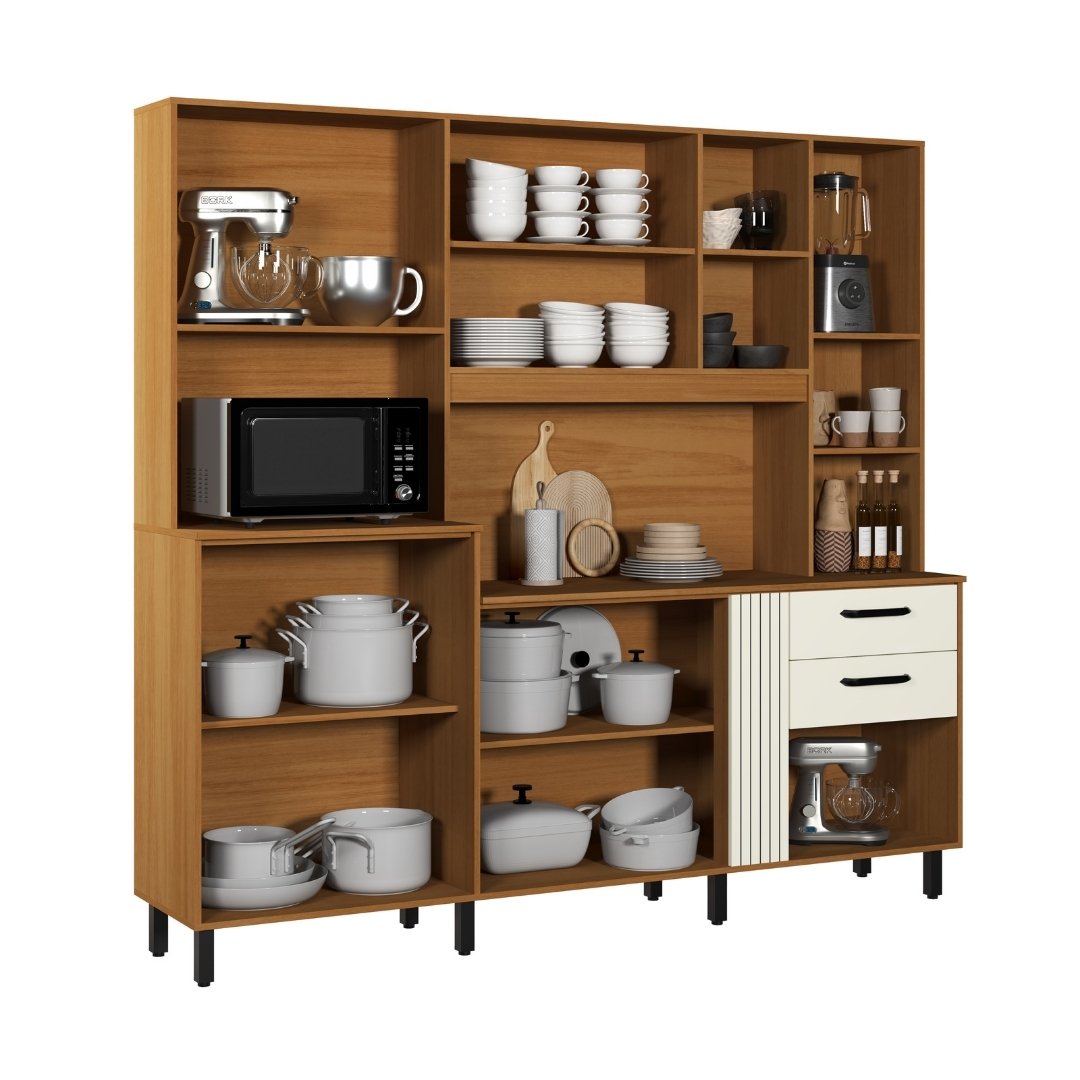 Kit de Cozinha Sole 210cm 10 Portas 2 Gavetas Mdp Nature / Champanhe C/ Tampo Espaço P/ Micro-ondas 594