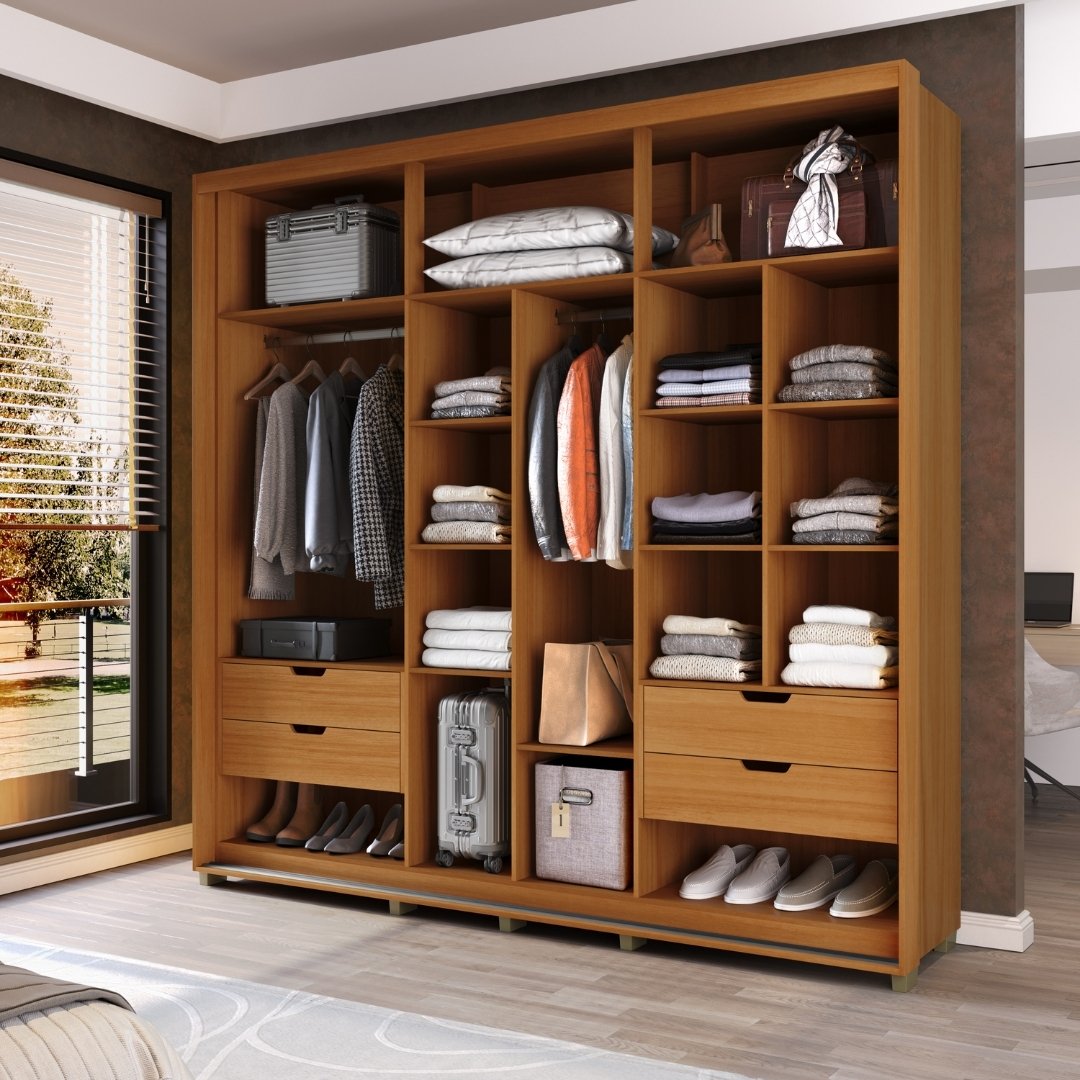 Roupeiro Tesla 240cm 2 Portas 4 Gavetas Mdf Nature / Nature Grafiatto C/ Espelho 501