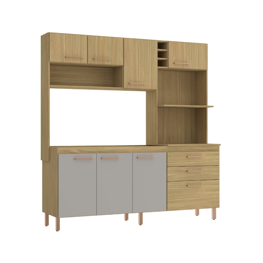 Cozinha Compacta Blume 186,5cm 8 Portas 2 Gavetas Mdp  Louro Freij&oacute; / Cinza C/ Nicho P/ Micro-ondas e Forno El&eacute;trico e Adega 172