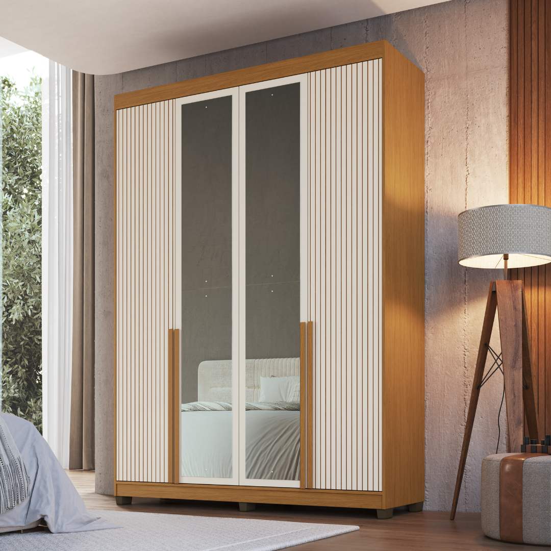 Roupeiro Newton 168cm 4 Portas 2 Gavetas Mdf Nature / Champanhe Grafiatto C/ Espelho 524