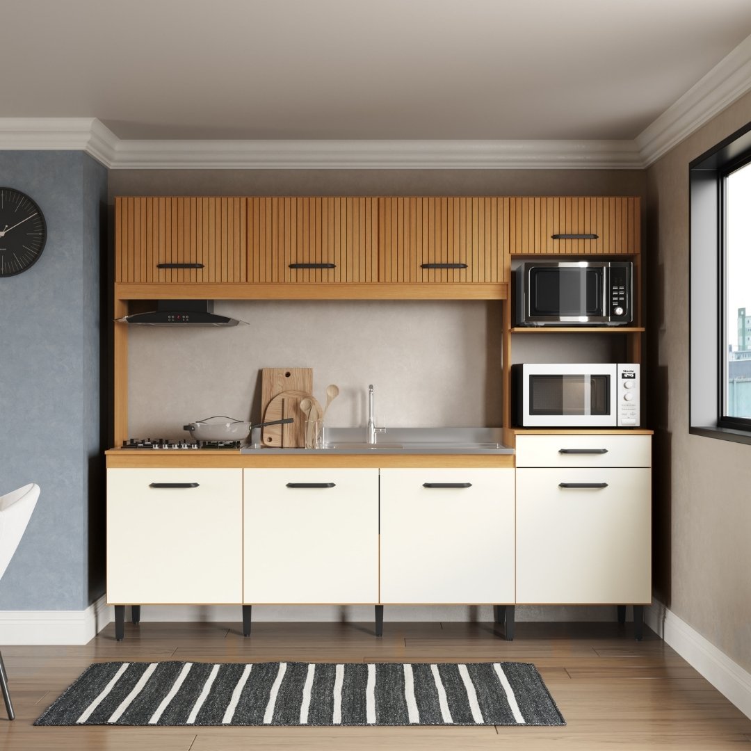 Cozinha Compacta Hortênsia 241,2cm 8 Portas 1 Gaveta Mdp Nature / Champanhe S/tampo C/ Nicho P/ Micro-ondas e Forno Elétrico 598