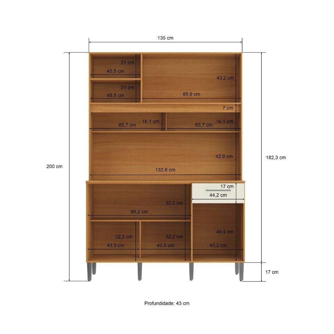 Kit de Cozinha Lótus 135cm 4 Portas 1 Gaveta Mdp Nature / Champanhe C/ Tampo 194