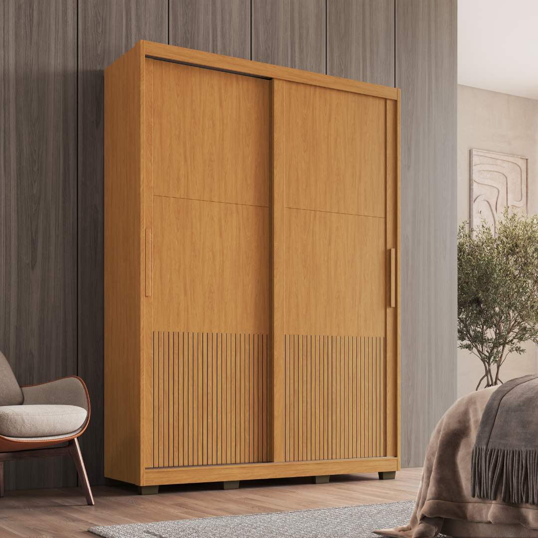 Roupeiro Sírus 170cm 2 Portas 3 Gavetas Mdf Nature / Nature / Champanhe  C/ Grafiatto S/ Espelho 527