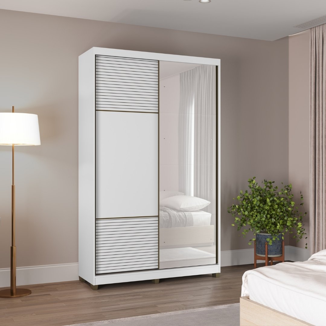 Roupeiro Picasso 140,5cm 2 Portas 2 Gavetas Mdf Branco / Branco Grafiatto C/ Espelho 516