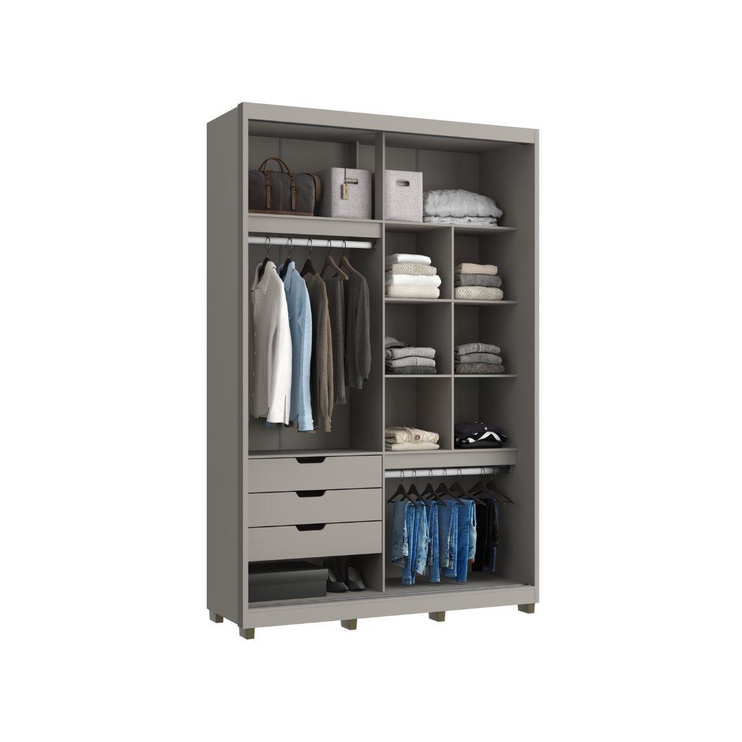 Roupeiro Thales 150cm 2 Portas 3 Gavetas Mdf Cinza / Cinza Grafiatto S/ Espelho 521