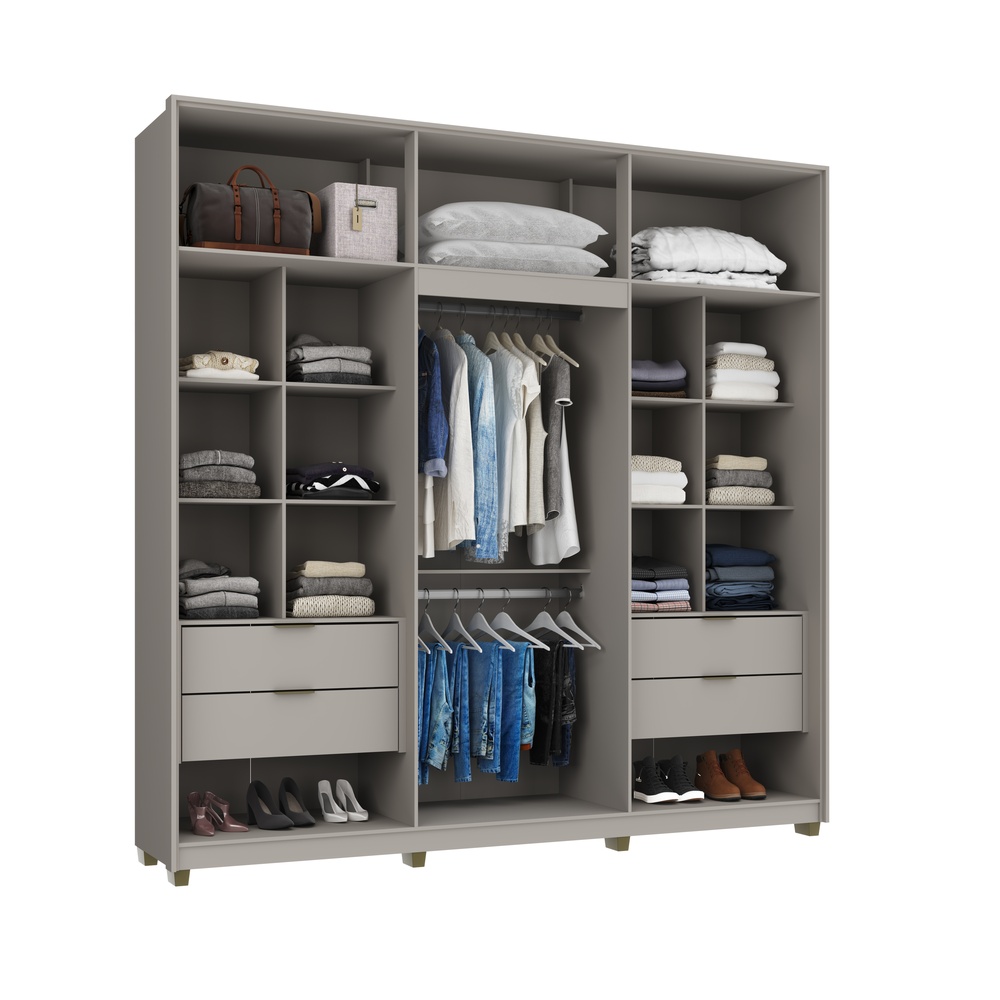Roupeiro Voltaire 235,5cm 6 Portas 4 Gavetas Mdf Cinza / Cinza C/ Espelho 525