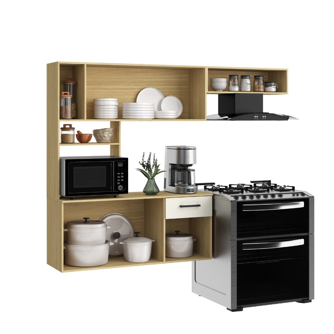 Kit de Cozinha Clover 1792,2cm 5 Portas 1 Gaveta Mdp Louro Freijó / Champanhe C/ Tampo Suspenso 599