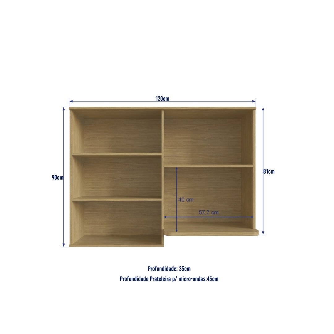 Armário Aéreo Alto 120cm 3 Portas Mdf Louro Freijó / Louro Freijó C/ Nicho P/ Micro-ondas Linha Nova Dubai 3961