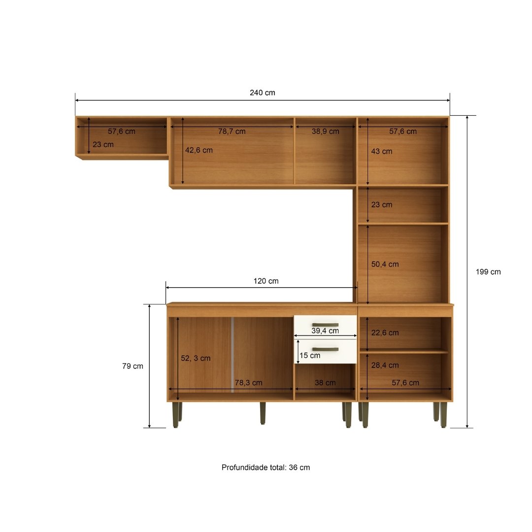 Kit de Cozinha Holly 240cm 9 Portas 2 Gavetas Mdp Nature / Champanhe C/ Tampo Espaço P/ Micro-ondas 615