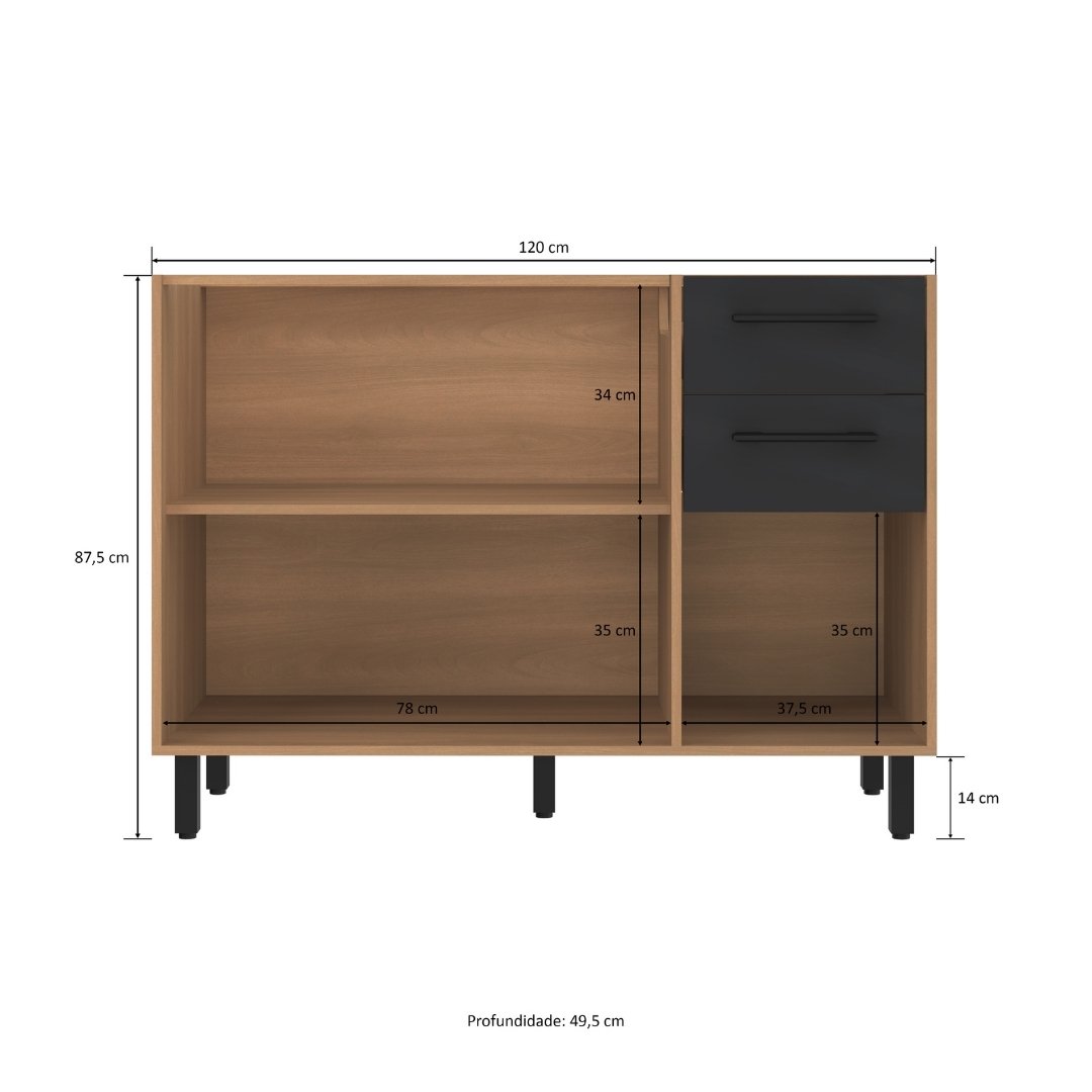 Balcão P/ Pia 120cm 3 Portas 2 Gavetas Mdp Rovere / Grafite Linha Havana 3607