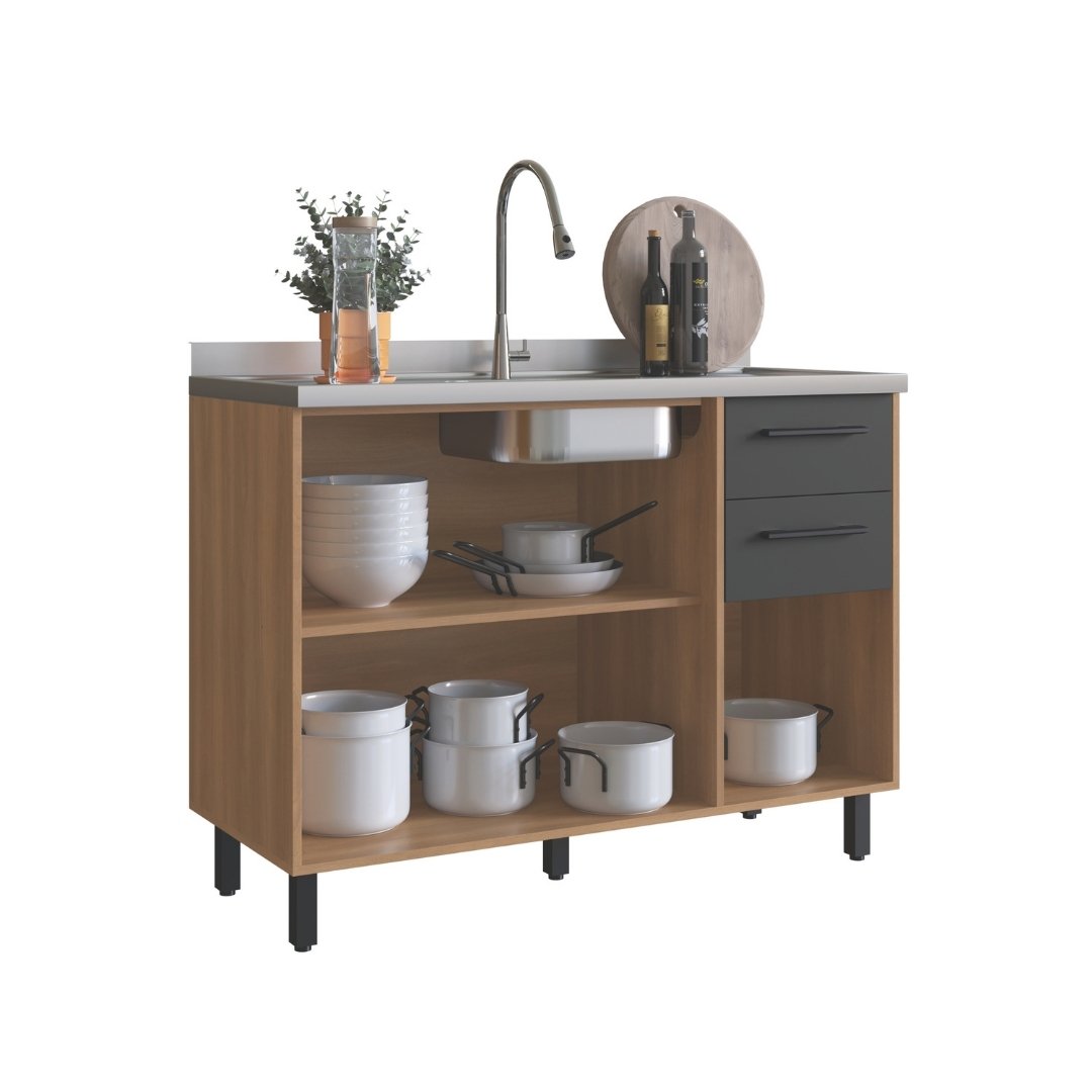 Balcão P/ Pia 120cm 3 Portas 2 Gavetas Mdp Rovere / Grafite Linha Havana 3607