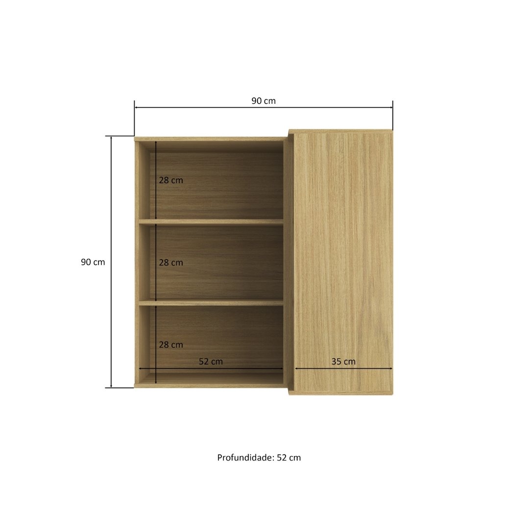 Armário Aéreo Alto Canto Reto 1 Porta Mdf Louro Freijó / Louro Freijó C/ Nicho Externo Linha Nova Dubai 3916