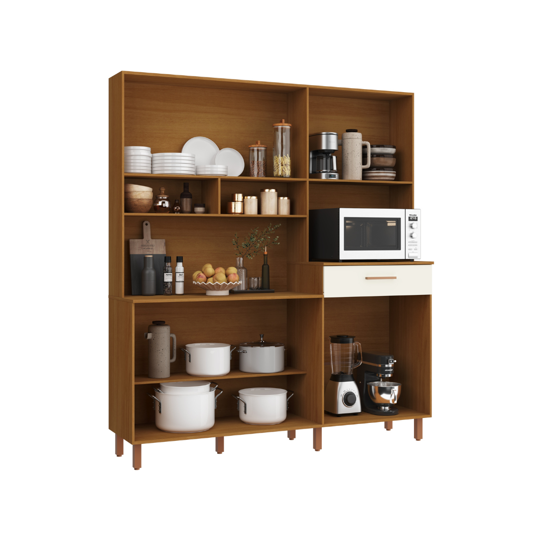 Kit de Cozinha Áurea 175cm 7 Portas 1 Gaveta Mdp Nature / Champanhe C/ Tampo Espaço P/ Micro-ondas 595