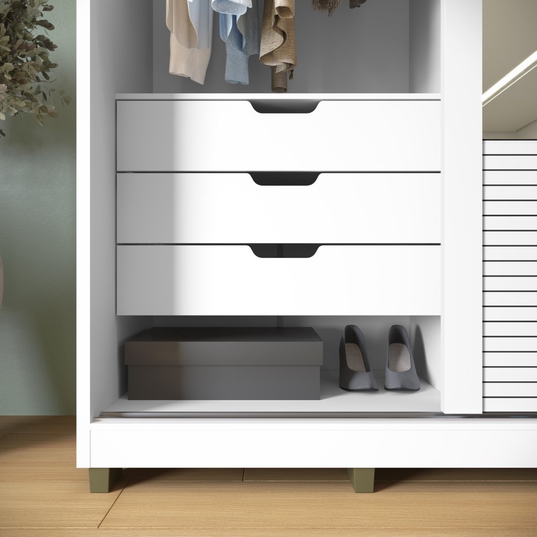 Roupeiro Thales 150cm 2 Portas 3 Gavetas Mdf Branco / Branco Grafiatto C/ Espelho 521