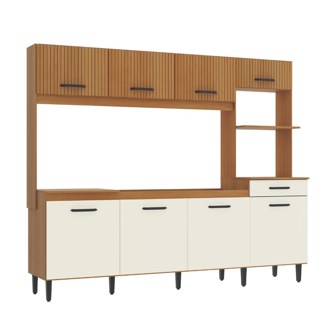 Cozinha Compacta Hortênsia 241,2cm 8 Portas 1 Gaveta Mdp Nature / Champanhe S/tampo C/ Nicho P/ Micro-ondas e Forno Elétrico 598