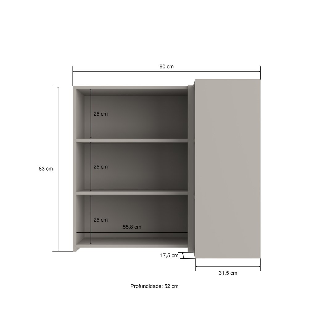 Armário Aéreo Alto Canto Reto 2 Portas Grafiatto Mdf Cinza / Cinza C/ Nicho Externo Linha Sardenha 4117