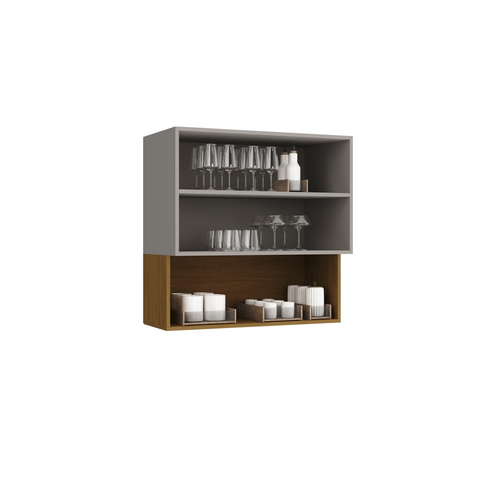 Armário Aéreo Alto 80cm 3 Portas Mdf Cinza / Mascavo C/ Vidro Fumê C/ Fita de Led Linha Alma 4473