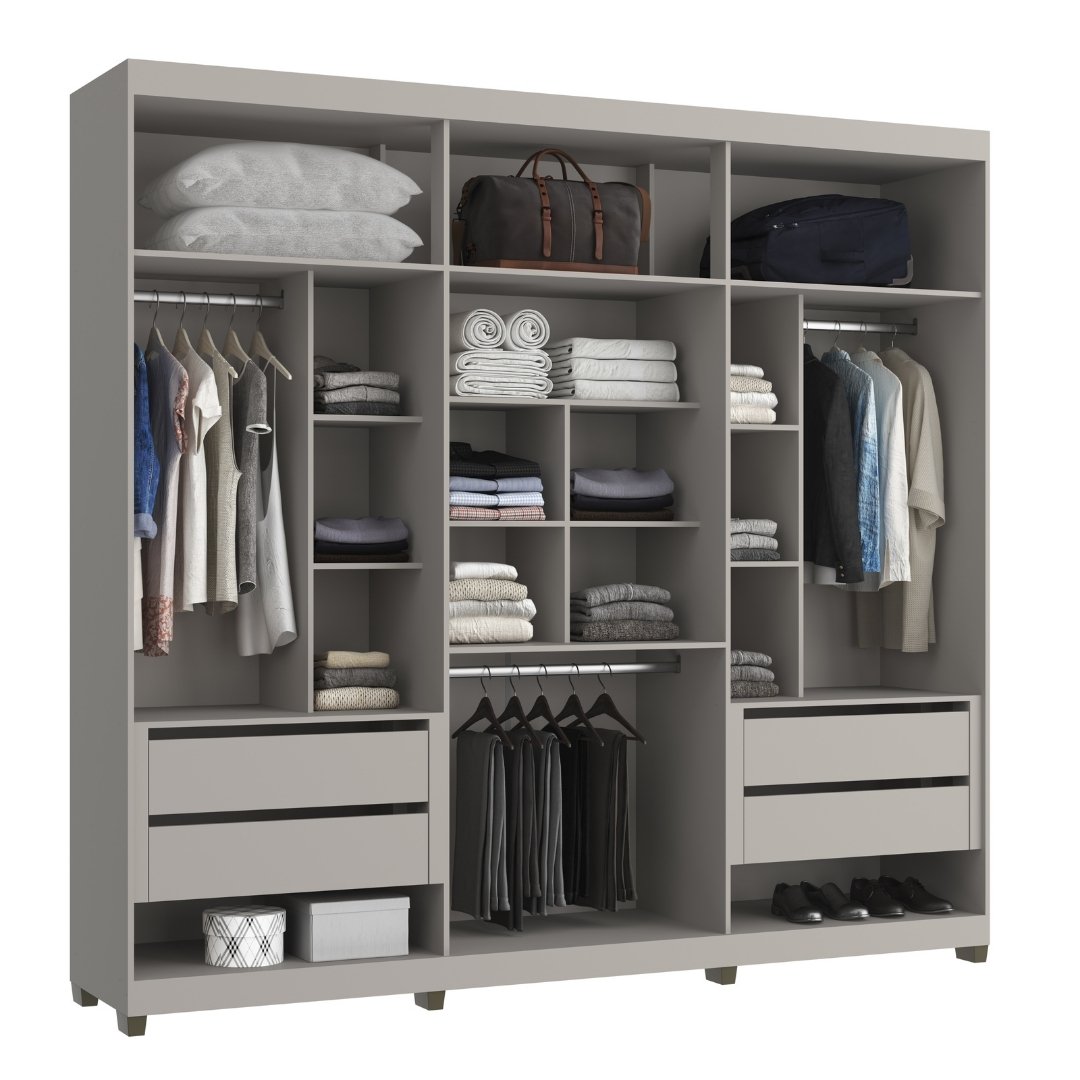 Roupeiro Newton 250cm 6 Portas 4 Gavetas Mdf Cinza / Cinza Puxador Nature Grafiatto C/ Espelho 517