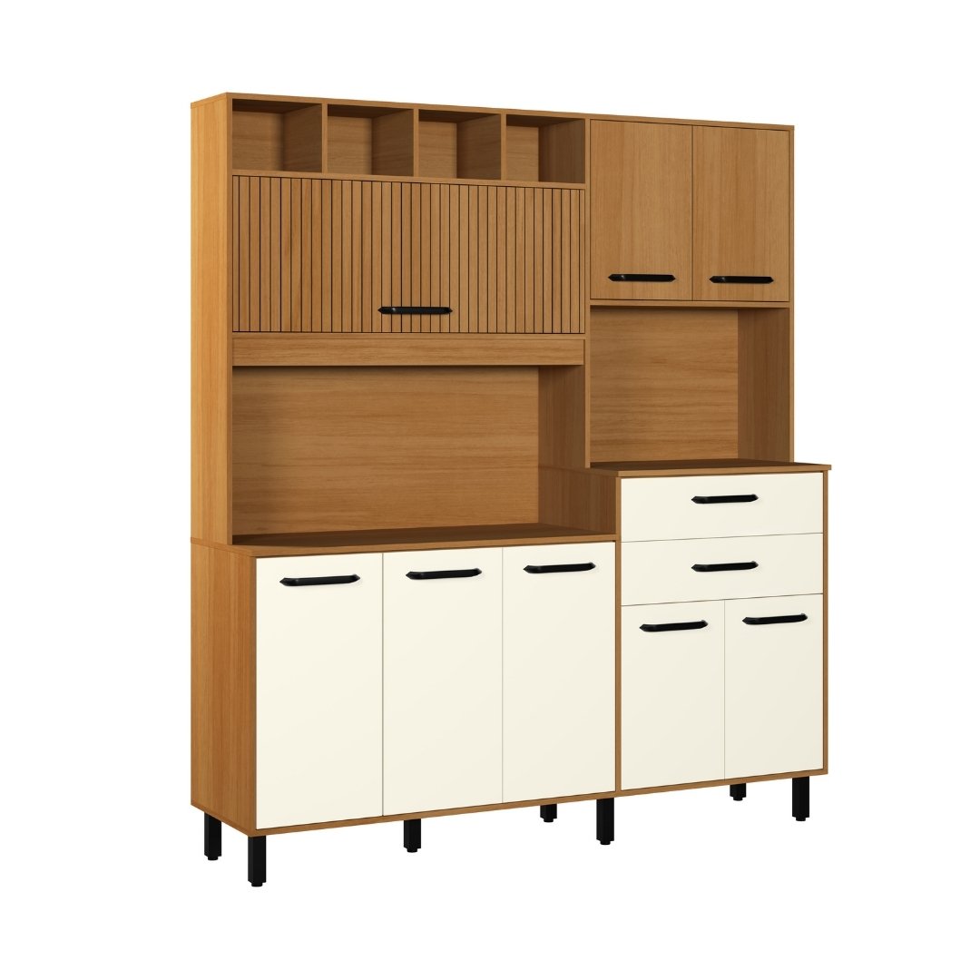 Kit de Cozinha Estrela 175cm 8 Portas 2 Gavetas Mdp Nature / Champanhe C/ Tampo Espa&ccedil;o P/ Micro-ondas 595